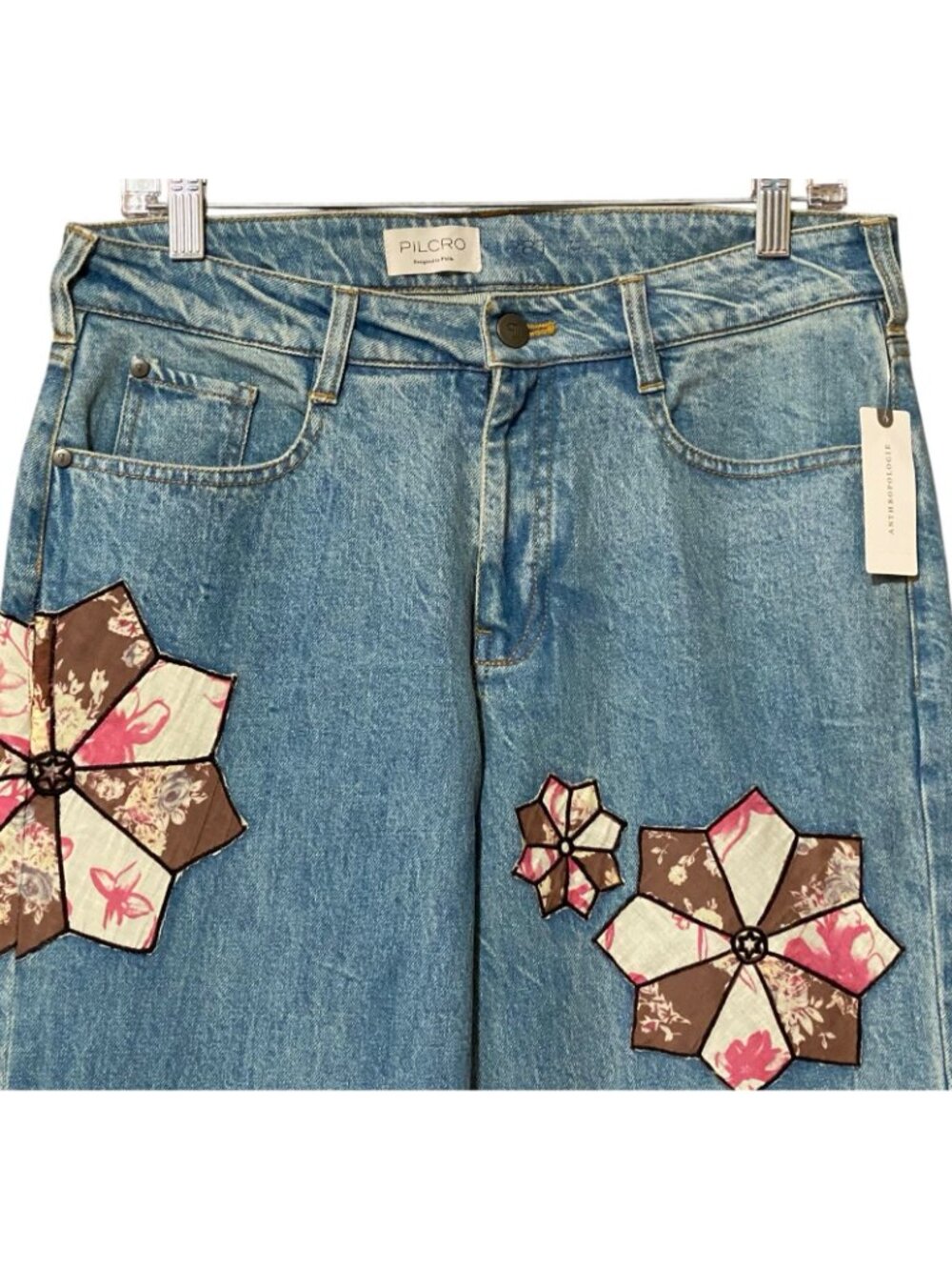 Pilcro Baggy Boyfriend Jeans 28T NWT 34 Inseam Floral Quilt Applique Fairycore - Picture 3 of 9